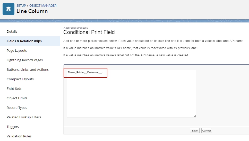 Salesforce CPQ New Picklist Value for Conditional Print Field